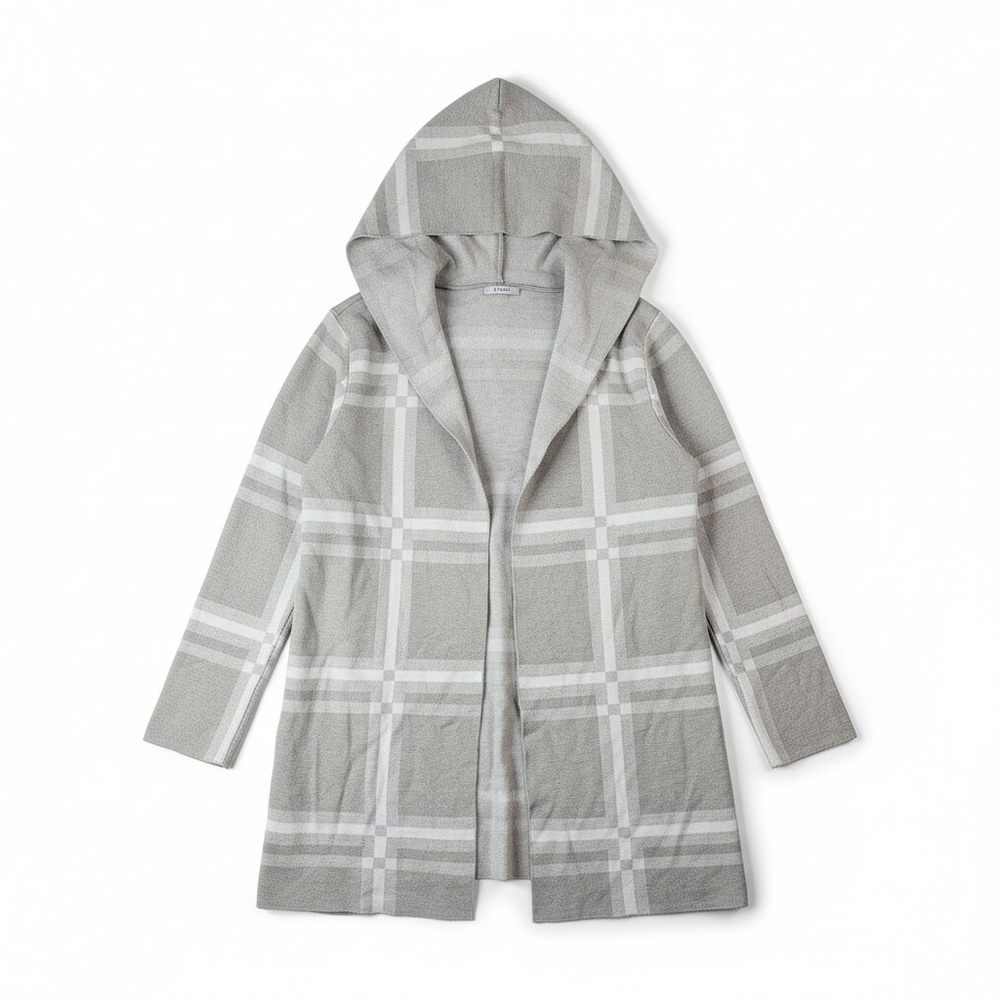 Sioni Gray Plaid Open Front Cardigan Womens Medium Hooded Lightweight Sweater